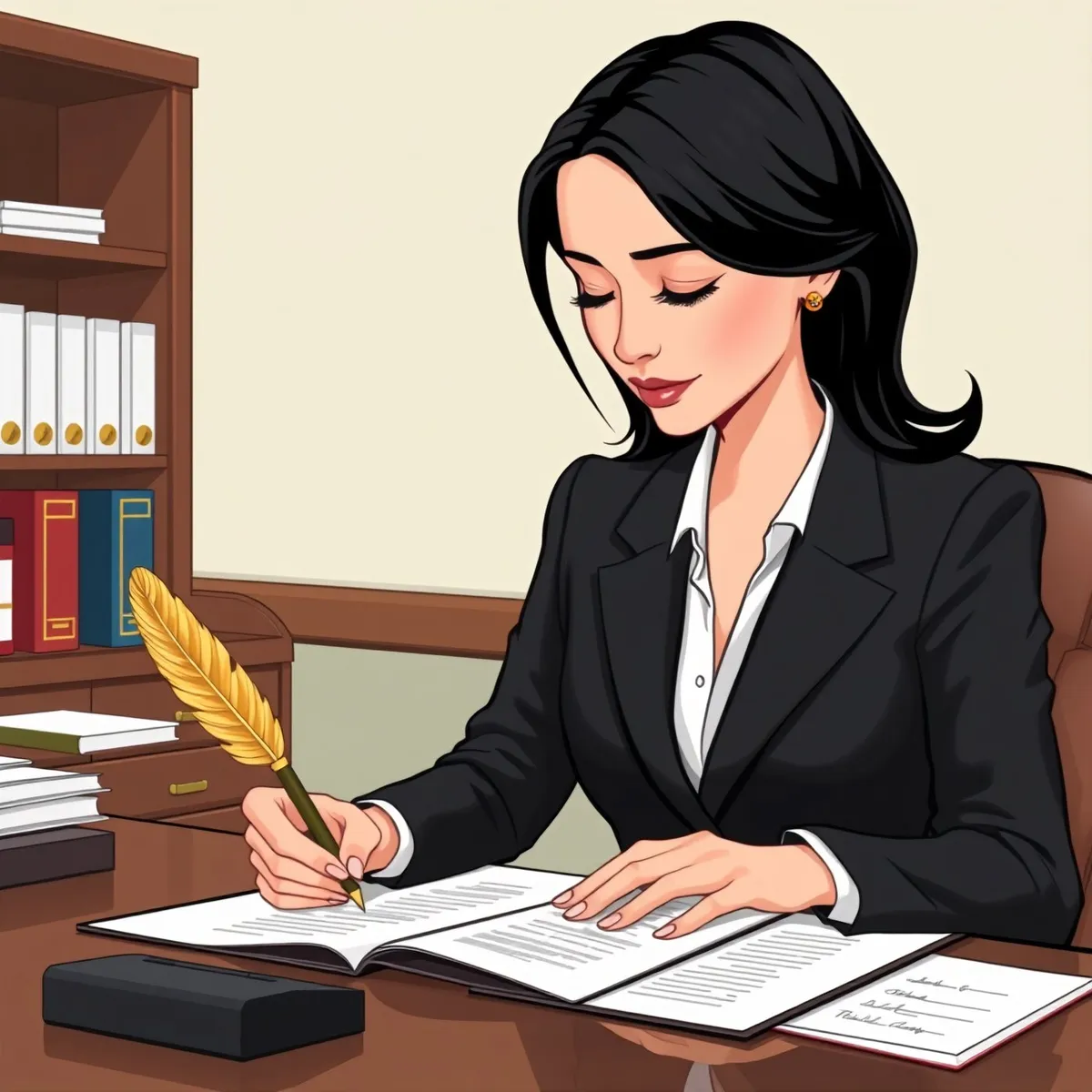 Illustration of a notary reviewing documents at her desk with a gold quill