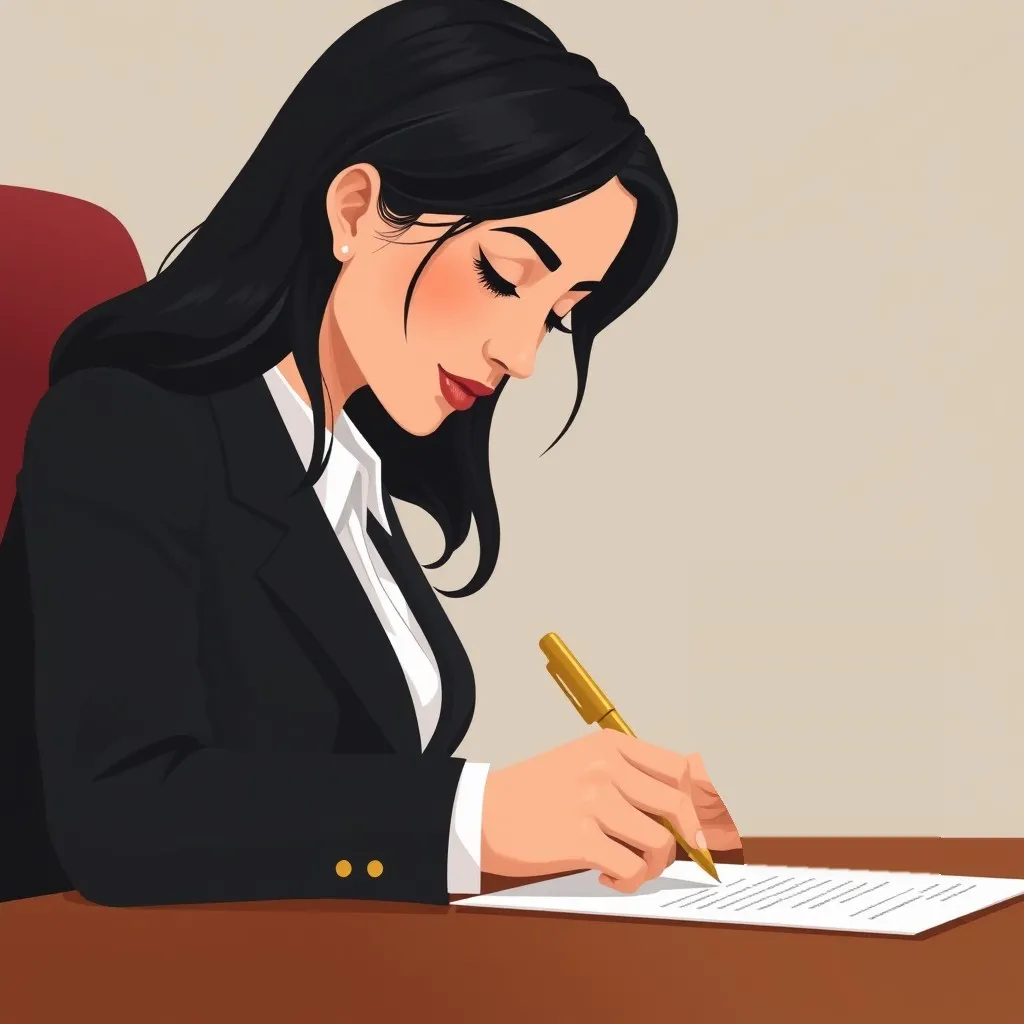 Illustration of a notary signing a document with a gold pen