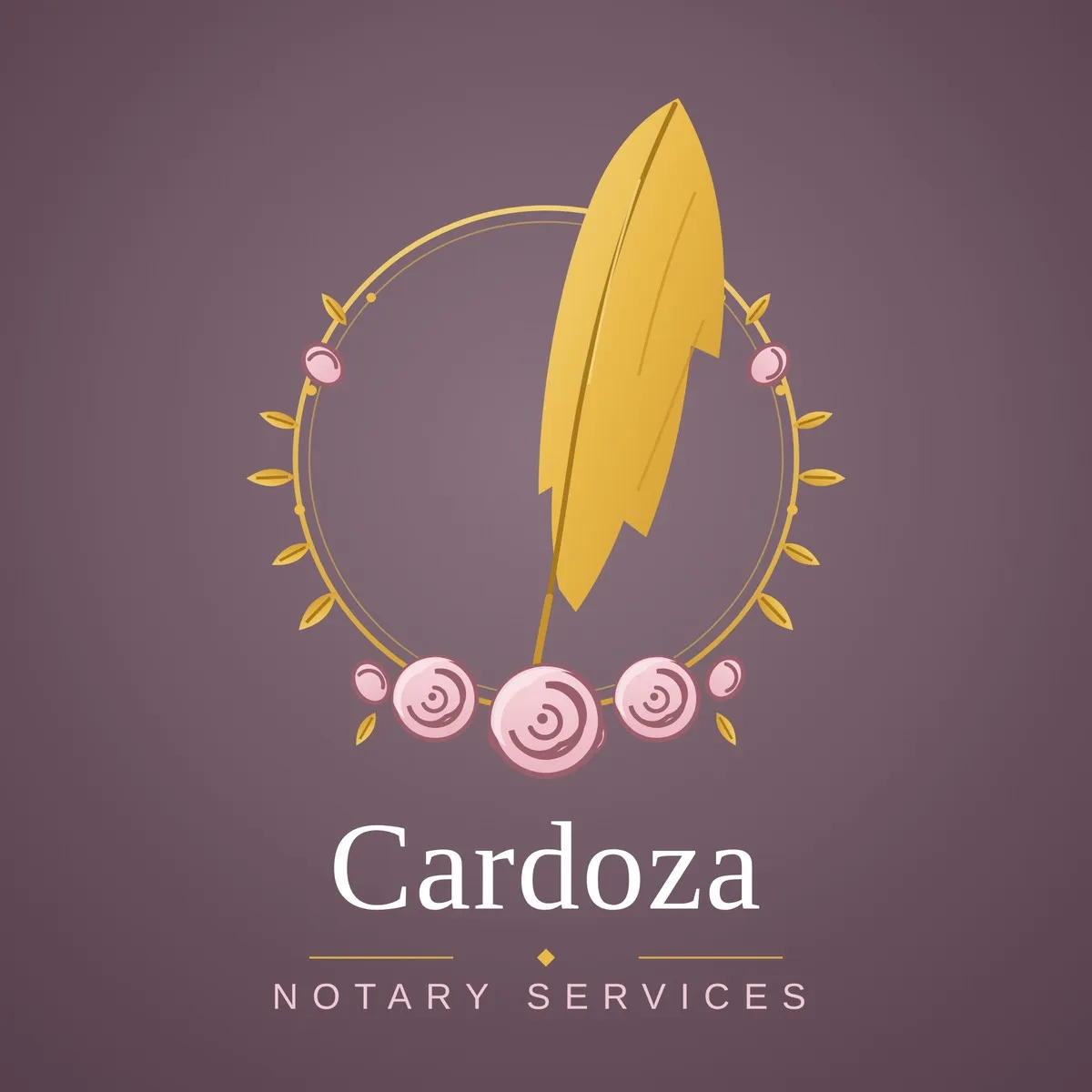Cardoza Notary Services logo — gold quill in a floral wreath with pink roses